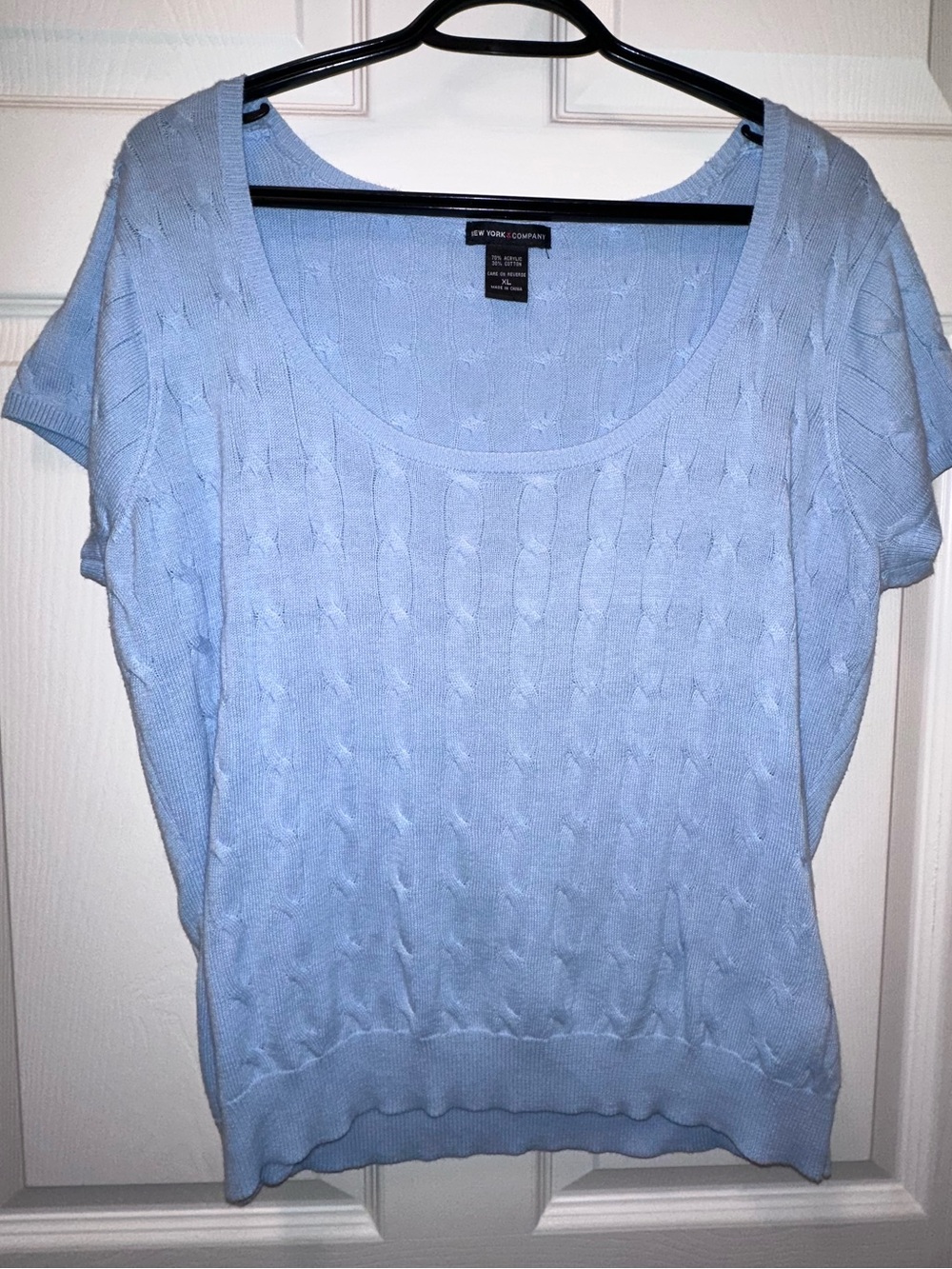 Light Blue Short Sleeve Cable-Knit Sweater